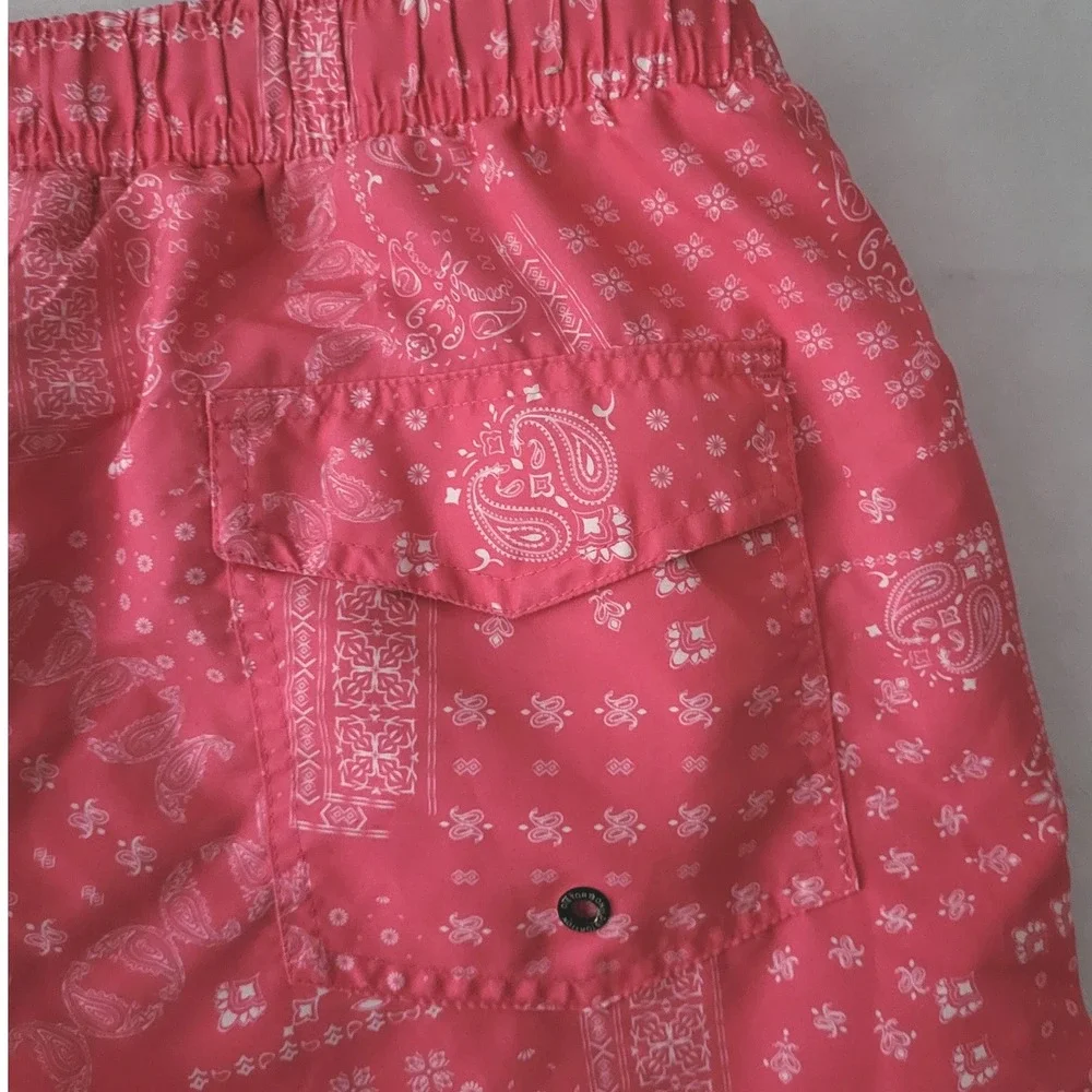 Distortion Mens XL Swim Trunks Shorts Pink Bandana Print‎ Elastic Waist Country